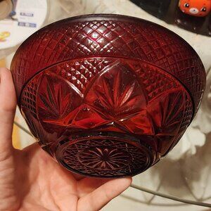 Vintage Ruby Red Pressed Glass Bowl – Starburst Pattern – 5.75”